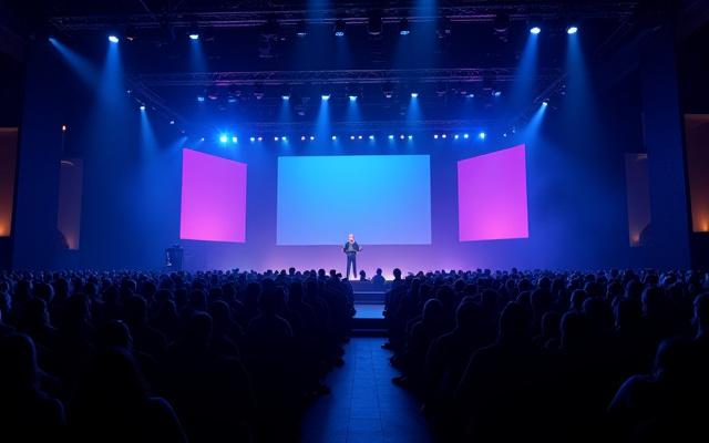 Fotografía de un escenario de conferencia con un orador frente a una gran audiencia.