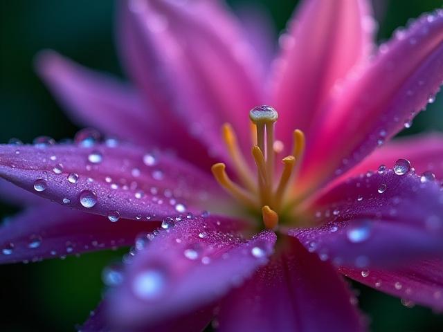 Fotografía macro de una flor exótica con gotas de rocío, colores vibrantes.
