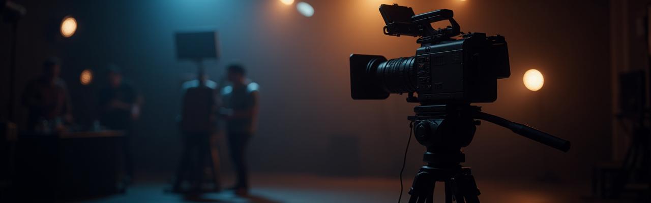 Cámara de cine profesional grabando un set iluminado, simbolizando la gama de servicios de Nimue Lens.